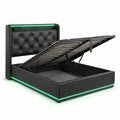 Letto Contenitore in Pelle Sintetica Nera con LED Verde