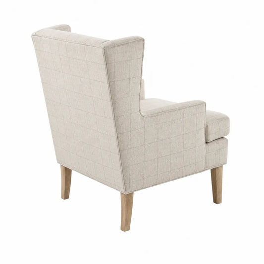 Poltrona in tessuto a quadri crema con gambe in legno