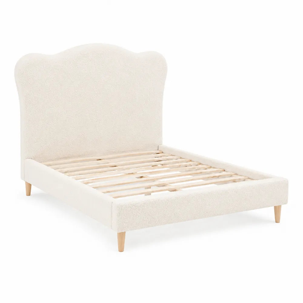 Letto matrimoniale in legno e tessuto bouclé Crema