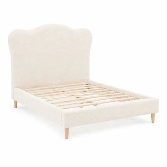 Letto matrimoniale in legno e tessuto bouclé Crema