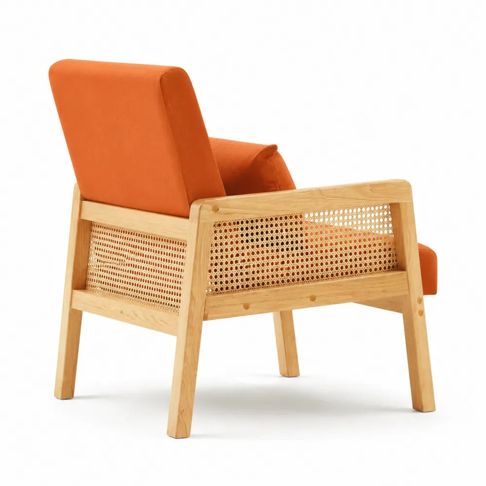 Poltrona in Legno con Rattan e Rivestimento in Tessuto Arancione