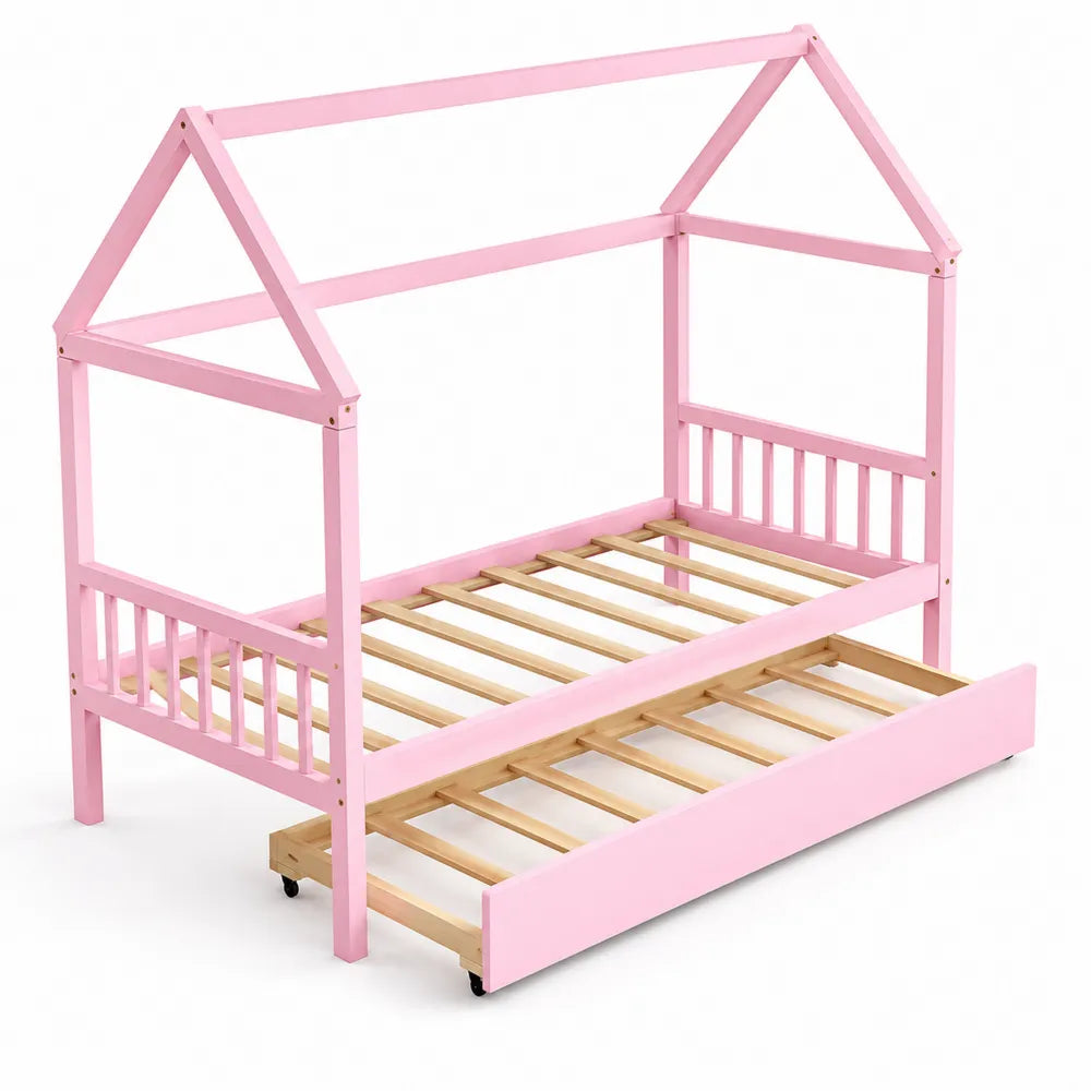 Letto a Forma di Casa in Legno Rosa con Cassetto Estraibile