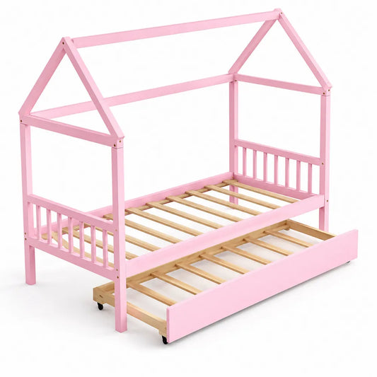 Letto a Forma di Casa in Legno Rosa con Cassetto Estraibile